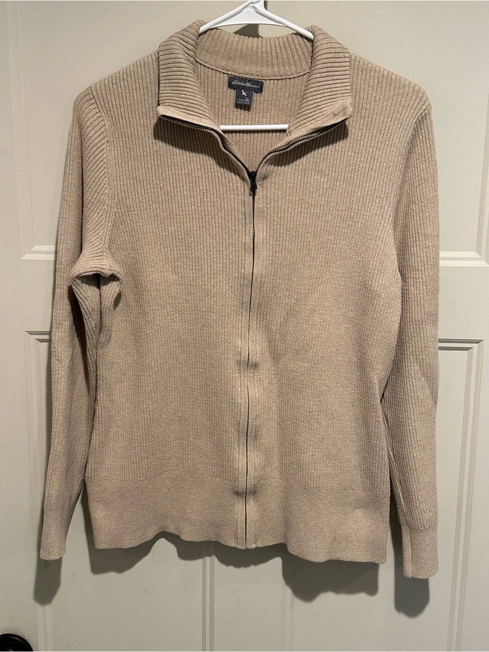 Eddie Bauer Ribbed Knit Full Zip Sweater - Beige XL